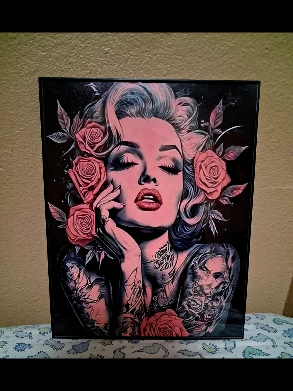 2 Framed Pop Art Portrait & Tin Sign 8 X 10 MARILYN monroe Tatoo with Pink Roses